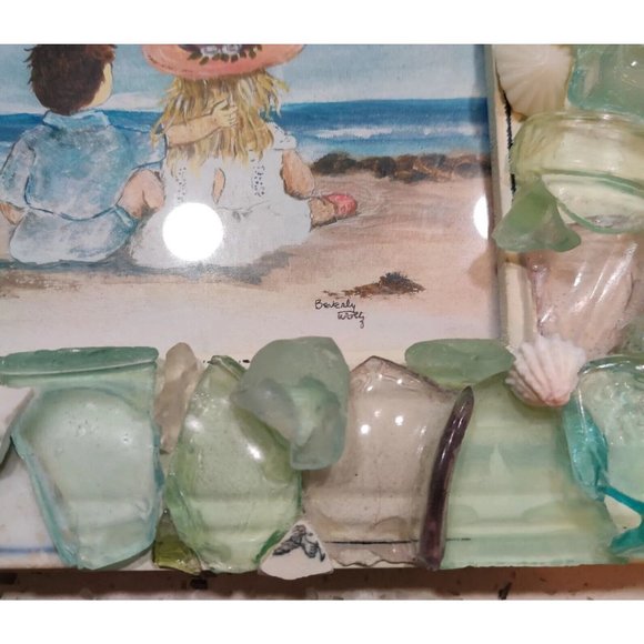 Handmade Shells & Sea Glass Framed Art Decor & Drawing Beach Dating Theme Signed - Picture 5 of 15
